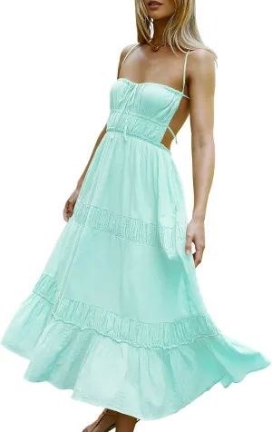 VIUTIL Womens Backless Flowy Dress Sexy Strap Tiered Long Dresses Summer Beach Vacation Sundress with Pockets Clothes 2025