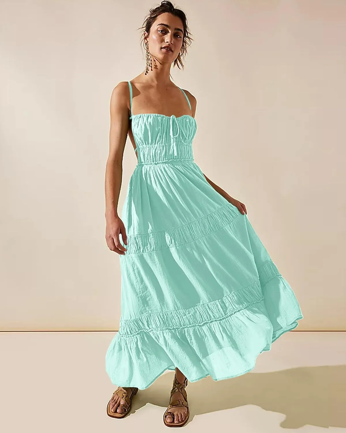 VIUTIL Womens Backless Flowy Dress Sexy Strap Tiered Long Dresses Summer Beach Vacation Sundress with Pockets Clothes 2025