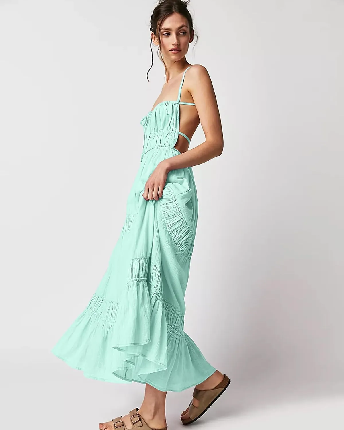 VIUTIL Womens Backless Flowy Dress Sexy Strap Tiered Long Dresses Summer Beach Vacation Sundress with Pockets Clothes 2025