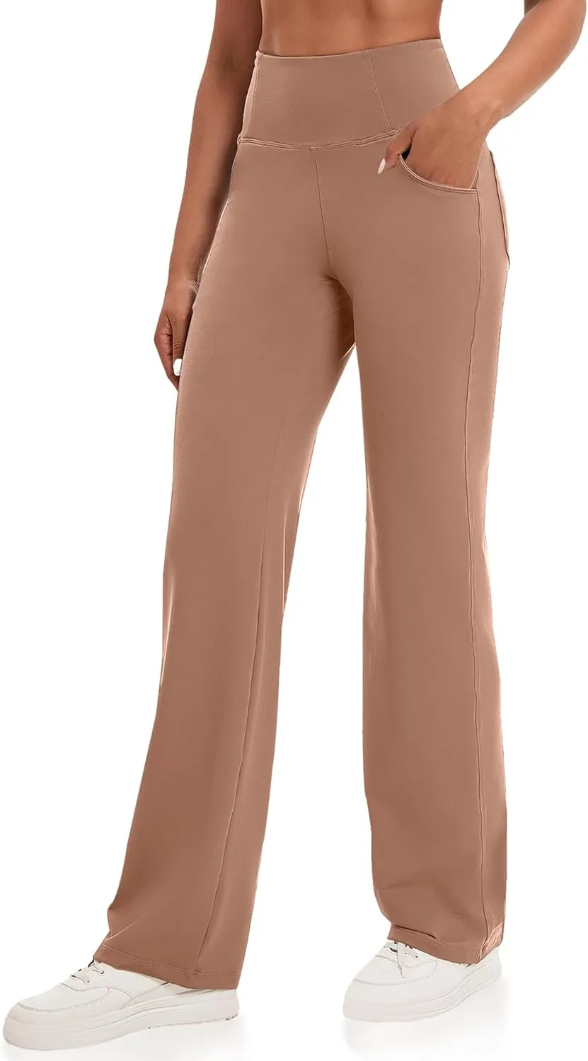 VOOVEEYA Yoga Pants Women with Pockets, Straight Wide Leg Pants High Waisted Work Dress Pants Petite/Regular/Tall