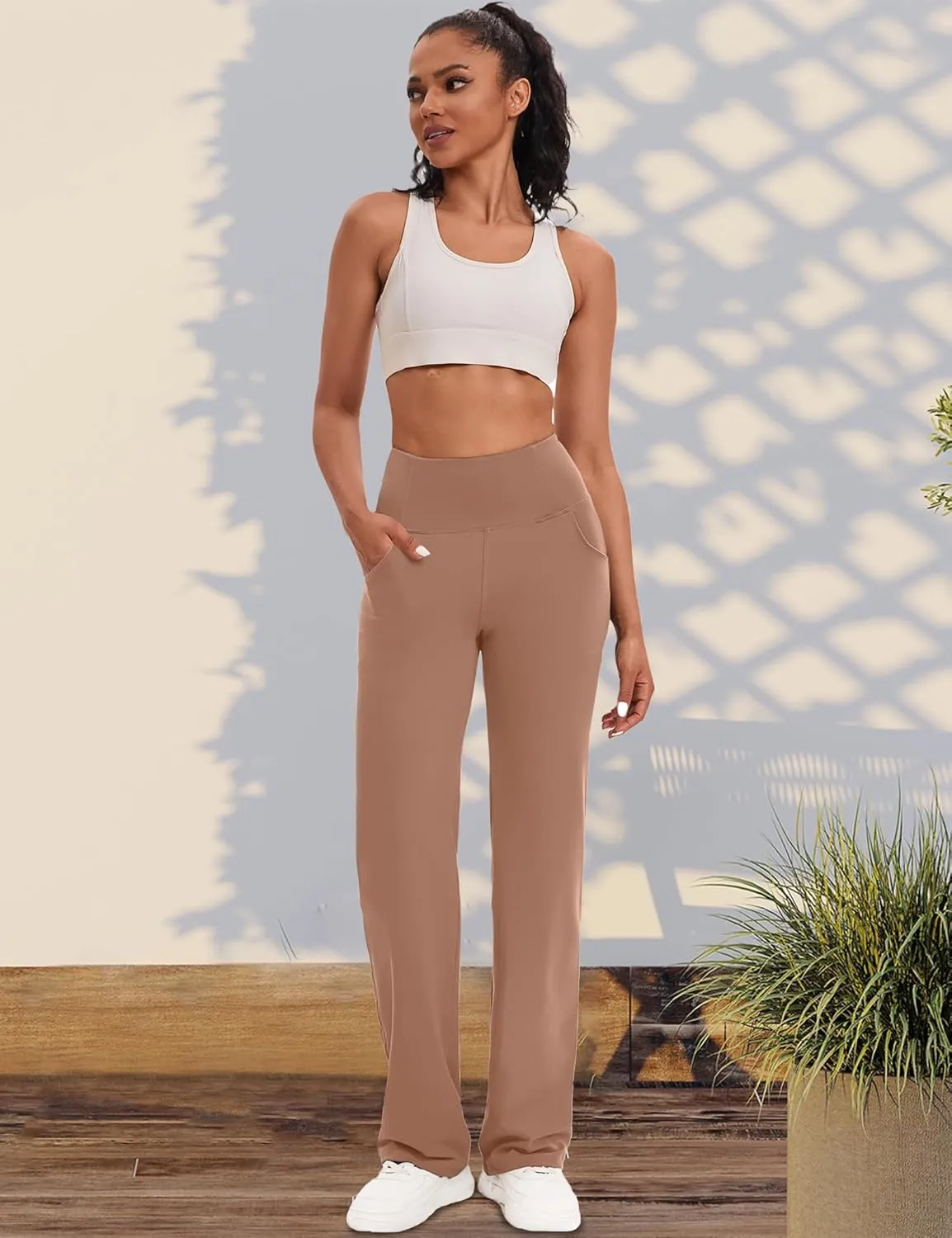 VOOVEEYA Yoga Pants Women with Pockets, Straight Wide Leg Pants High Waisted Work Dress Pants Petite/Regular/Tall