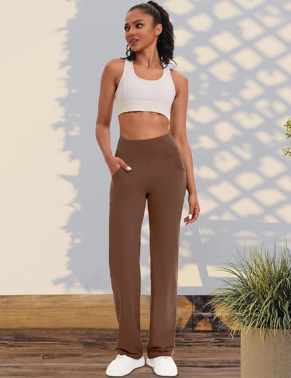 VOOVEEYA Yoga Pants Women with Pockets, Straight Wide Leg Pants High Waisted Work Dress Pants Petite/Regular/Tall