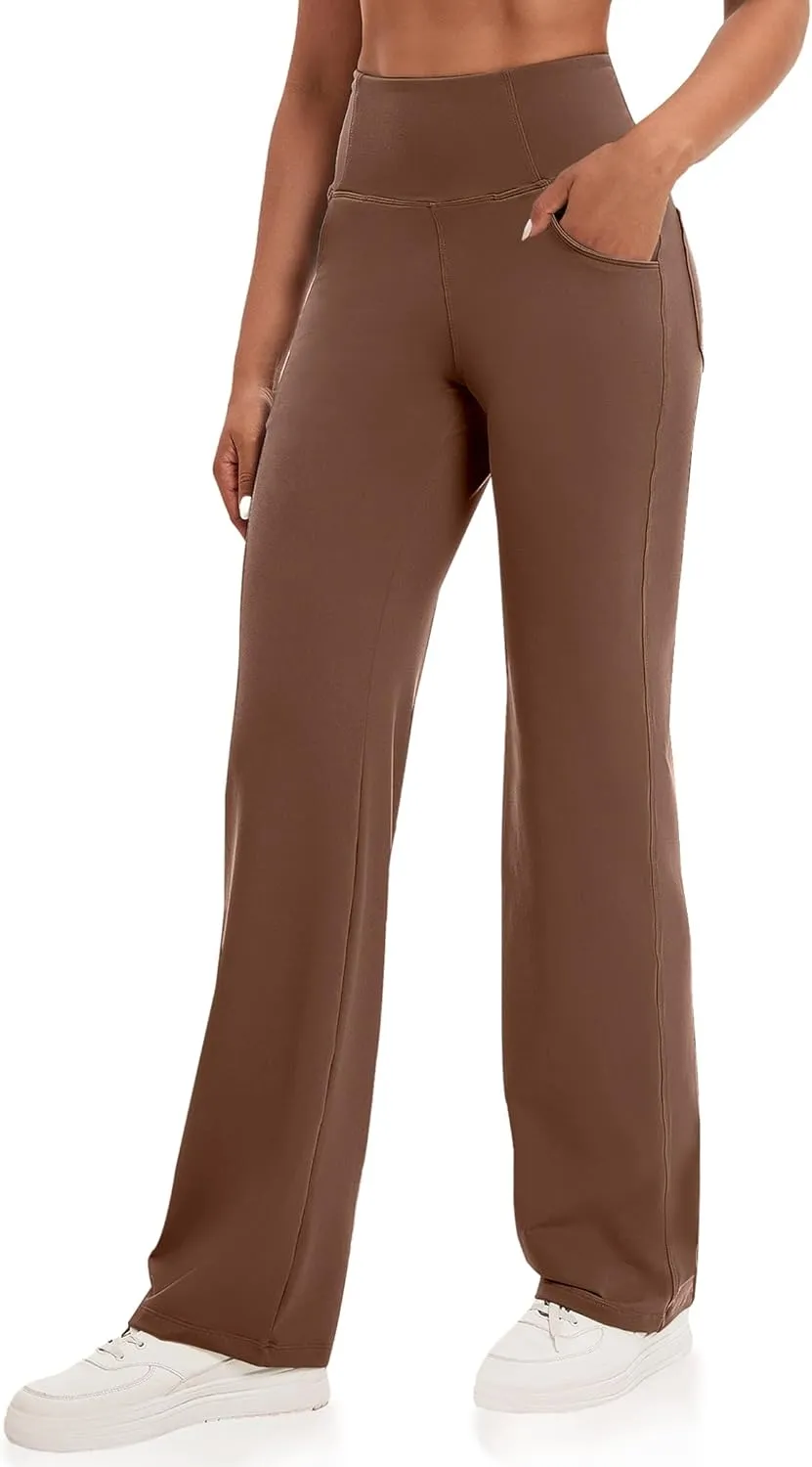VOOVEEYA Yoga Pants Women with Pockets, Straight Wide Leg Pants High Waisted Work Dress Pants Petite/Regular/Tall