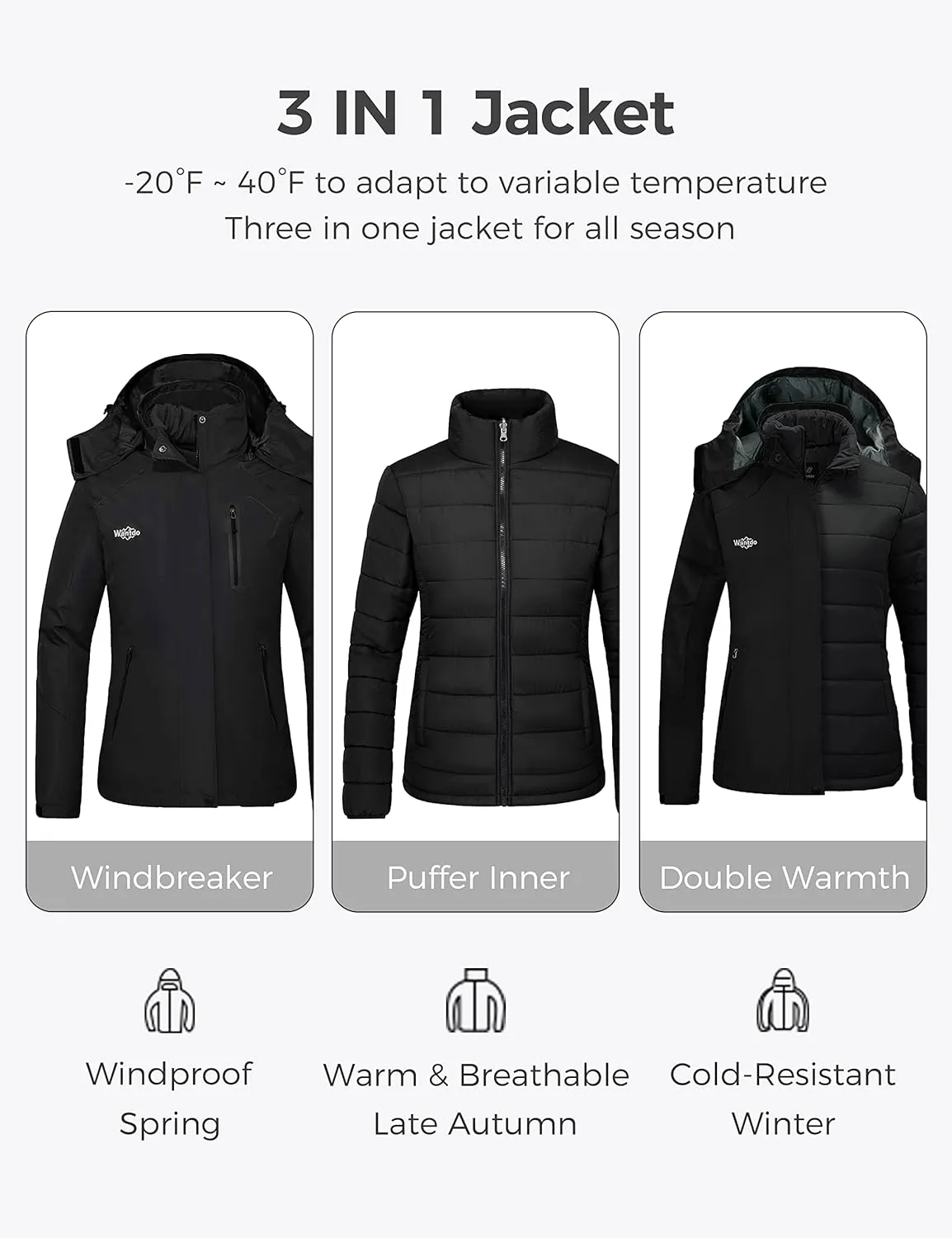 wantdo Women's 3 in 1 Waterproof Ski Jacket Mountain Snowboarding Jacket Winter Snow Coat