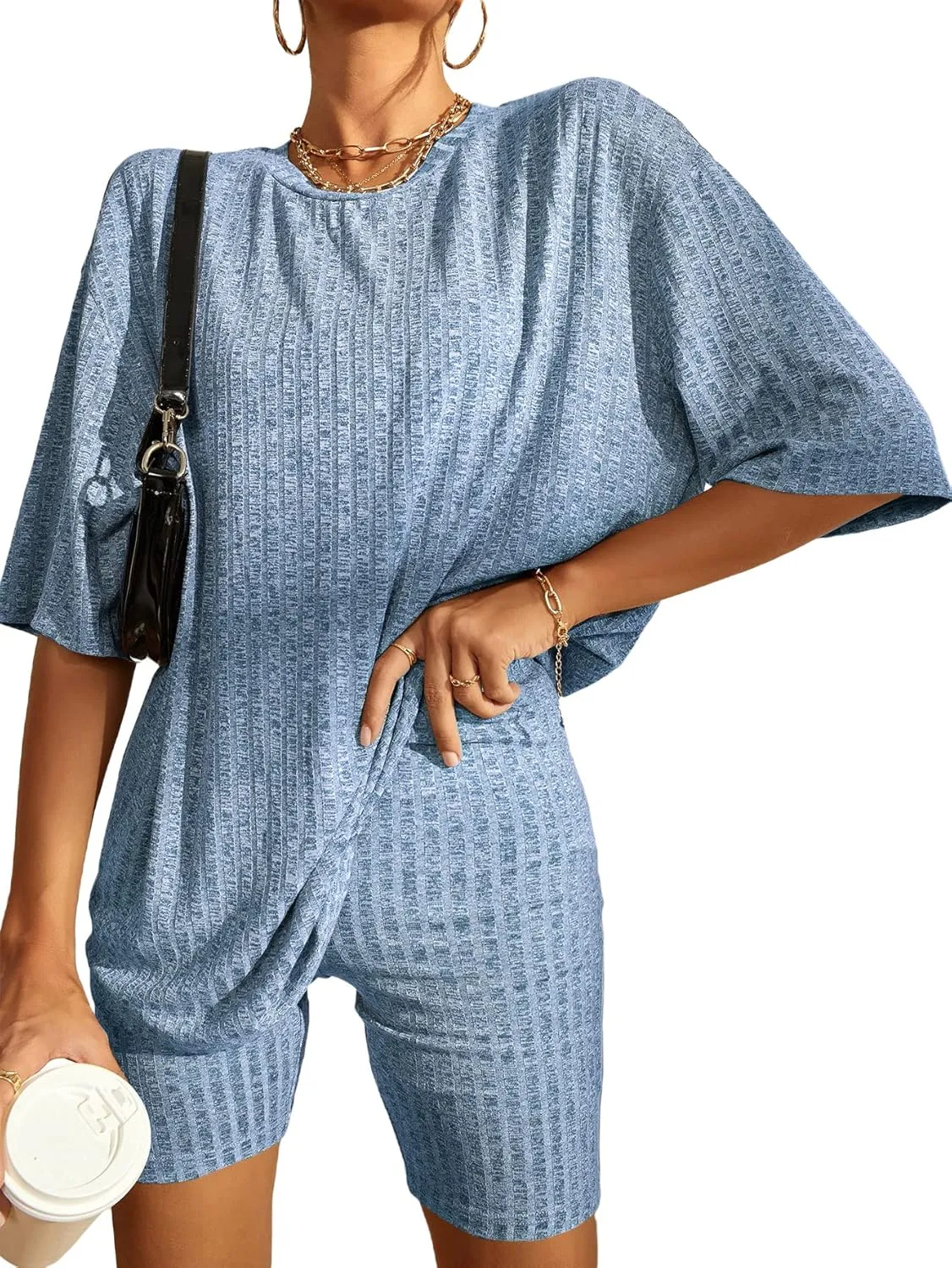 WDIRARA Women's 2 Piece Outfits Ribbed Short Sleeve Drop Shoulder Tee and Shorts Set Tracksuits