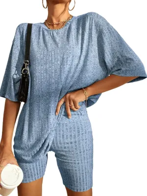 WDIRARA Women's 2 Piece Outfits Ribbed Short Sleeve Drop Shoulder Tee and Shorts Set Tracksuits