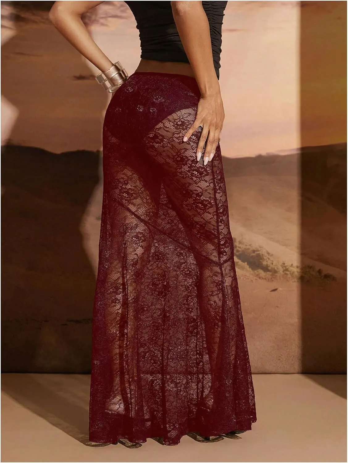 WDIRARA Women's Sexy See Through Floral Lace Sheer Maxi Skirts Elastic Waist Bodycon Long Mermaid Skirt