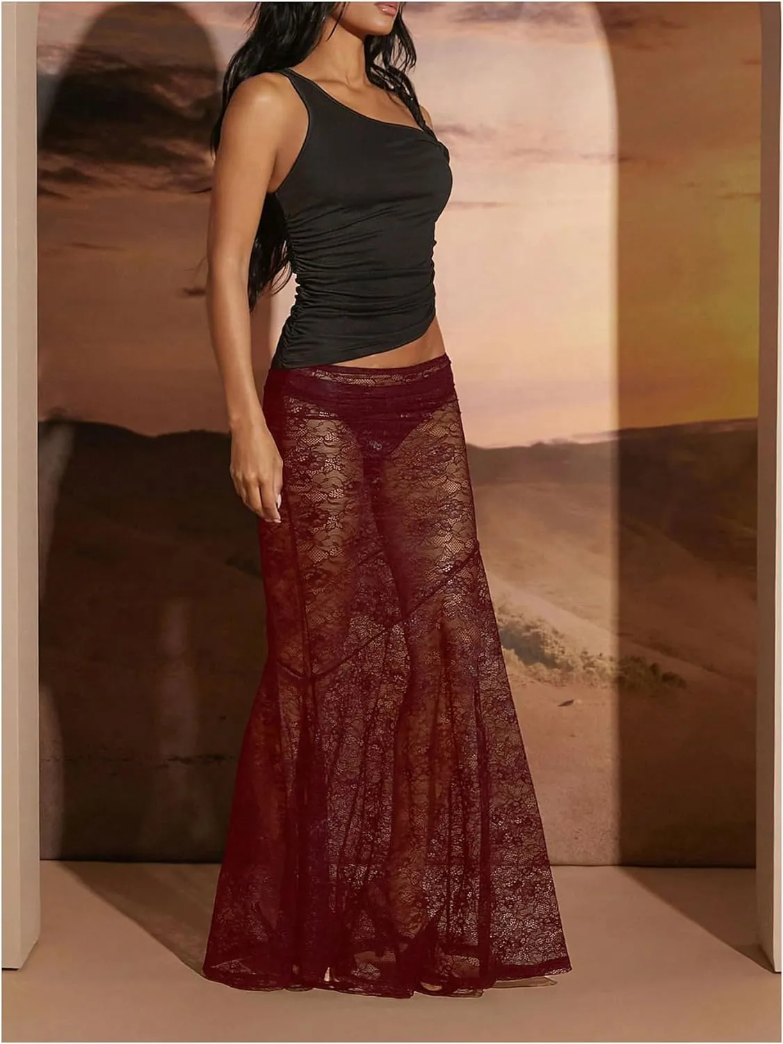 WDIRARA Women's Sexy See Through Floral Lace Sheer Maxi Skirts Elastic Waist Bodycon Long Mermaid Skirt