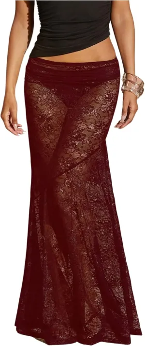 WDIRARA Women's Sexy See Through Floral Lace Sheer Maxi Skirts Elastic Waist Bodycon Long Mermaid Skirt