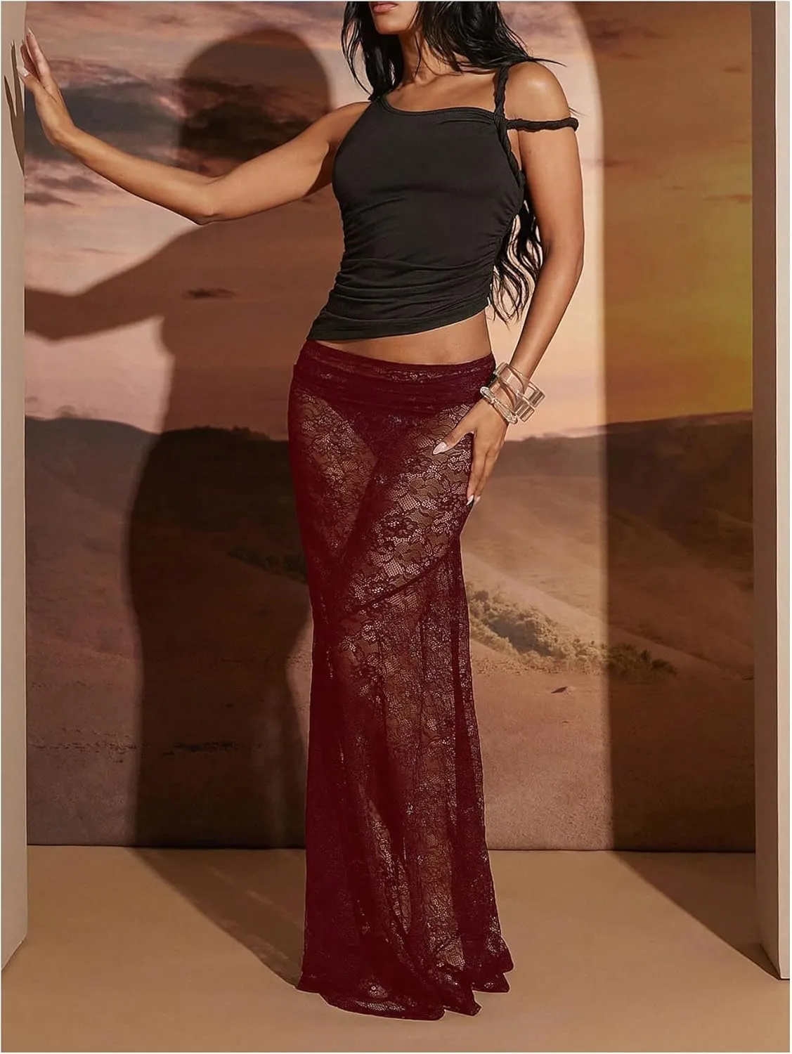 WDIRARA Women's Sexy See Through Floral Lace Sheer Maxi Skirts Elastic Waist Bodycon Long Mermaid Skirt