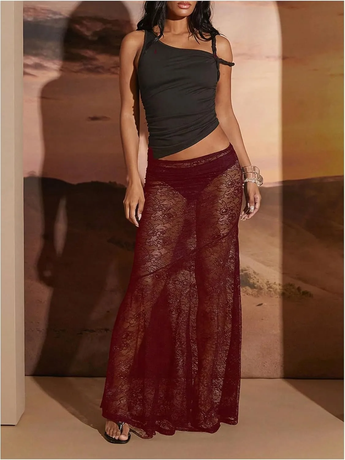 WDIRARA Women's Sexy See Through Floral Lace Sheer Maxi Skirts Elastic Waist Bodycon Long Mermaid Skirt