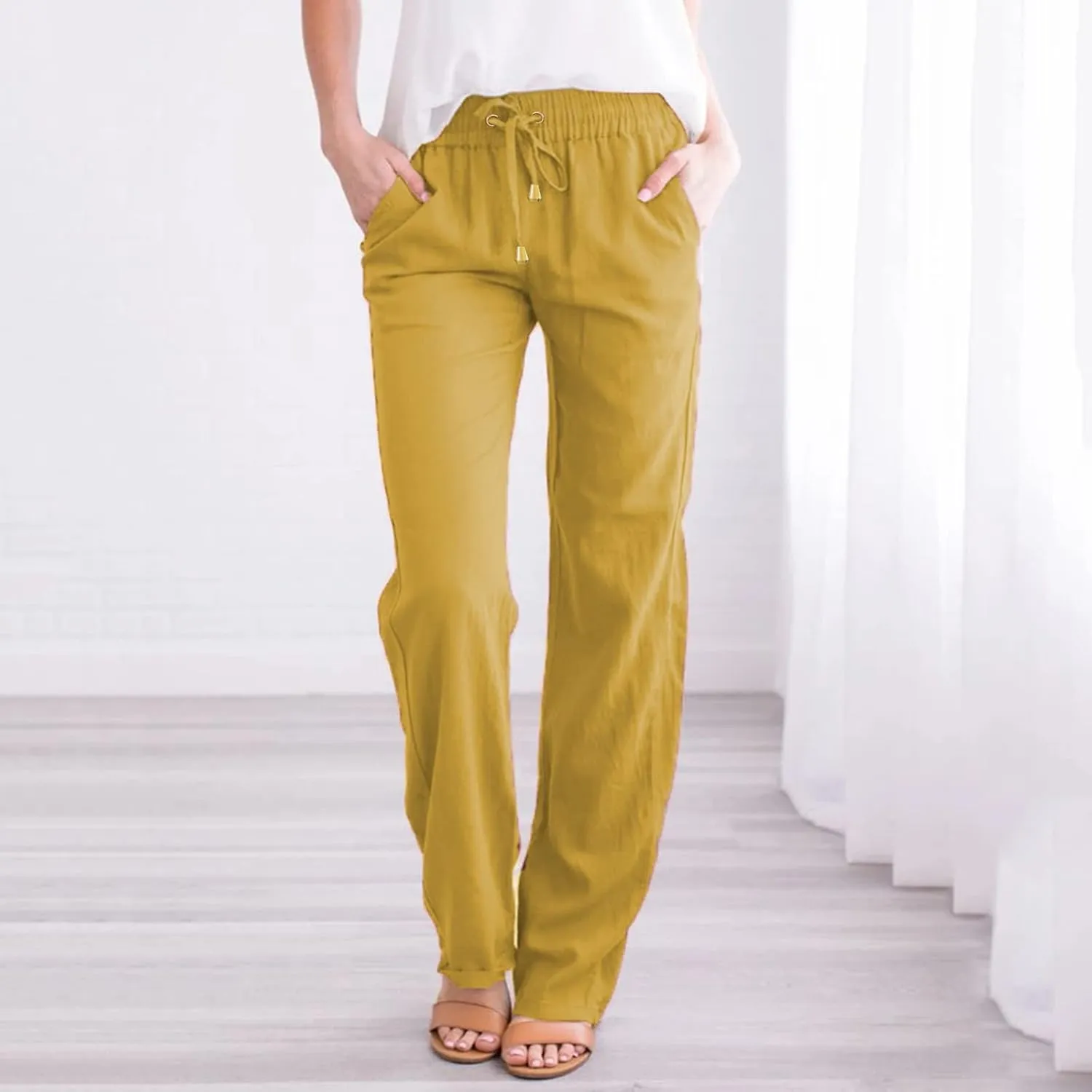 White Linen Pants Women Plus Size Wide Leg Pants Summer Relax Fit Elastic Waist Women's Summer Linen Pants Casual Work Pants