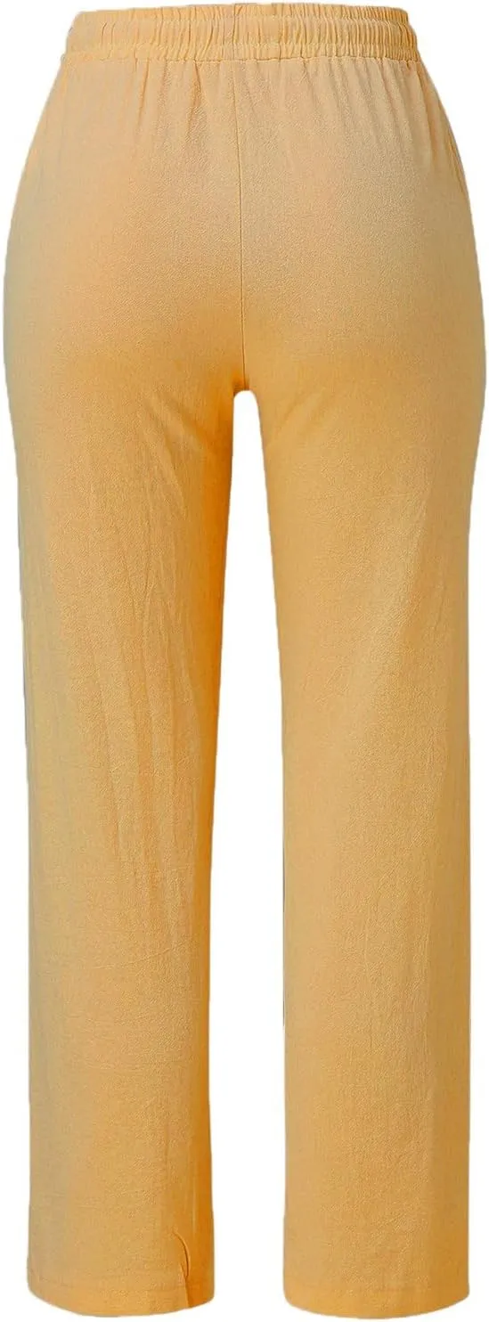 White Linen Pants Women Plus Size Wide Leg Pants Summer Relax Fit Elastic Waist Women's Summer Linen Pants Casual Work Pants