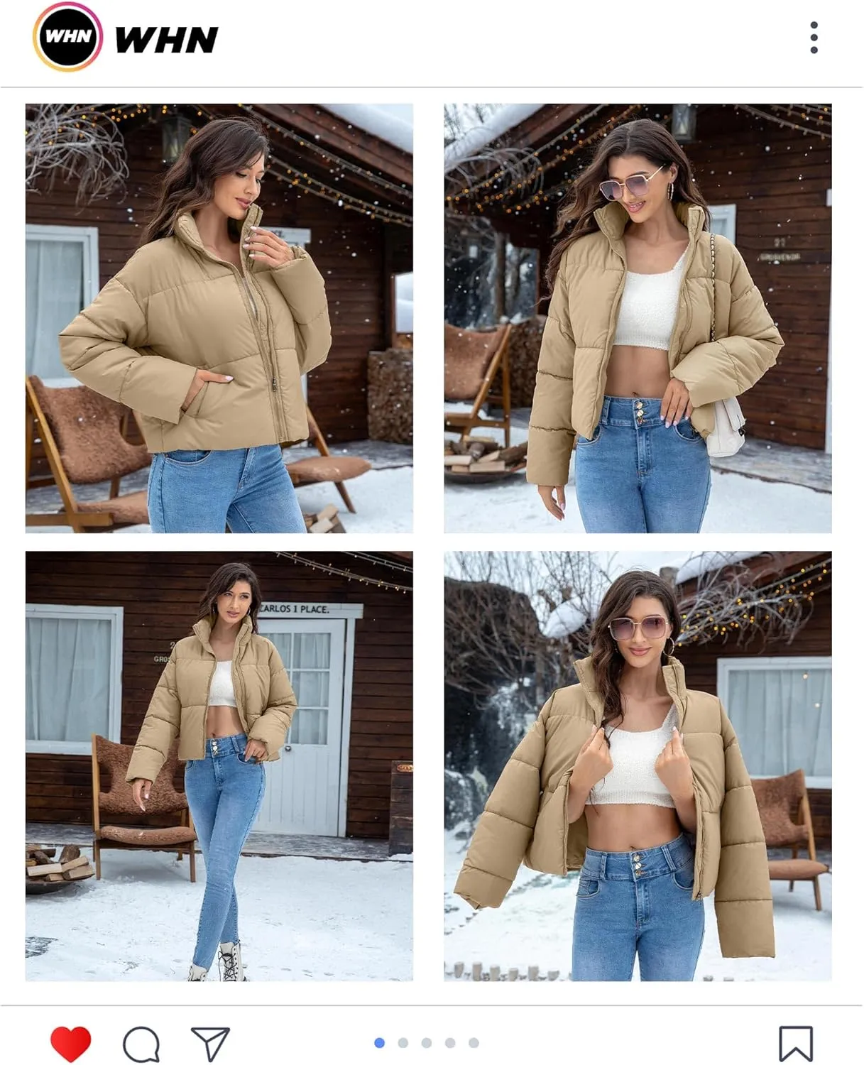 WHN Women' s Cropped Quilted Puffer Jacket Outerwear Coat Winter Warm Full Zipper Padded Jacket