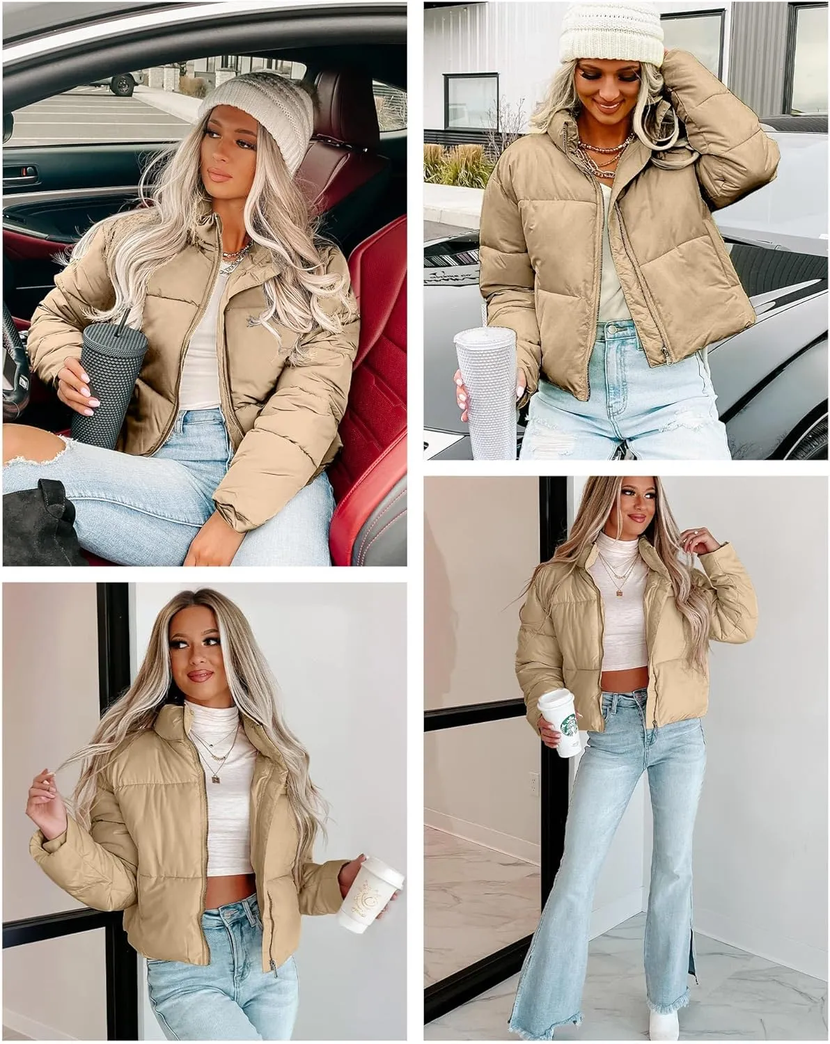 WHN Women' s Cropped Quilted Puffer Jacket Outerwear Coat Winter Warm Full Zipper Padded Jacket