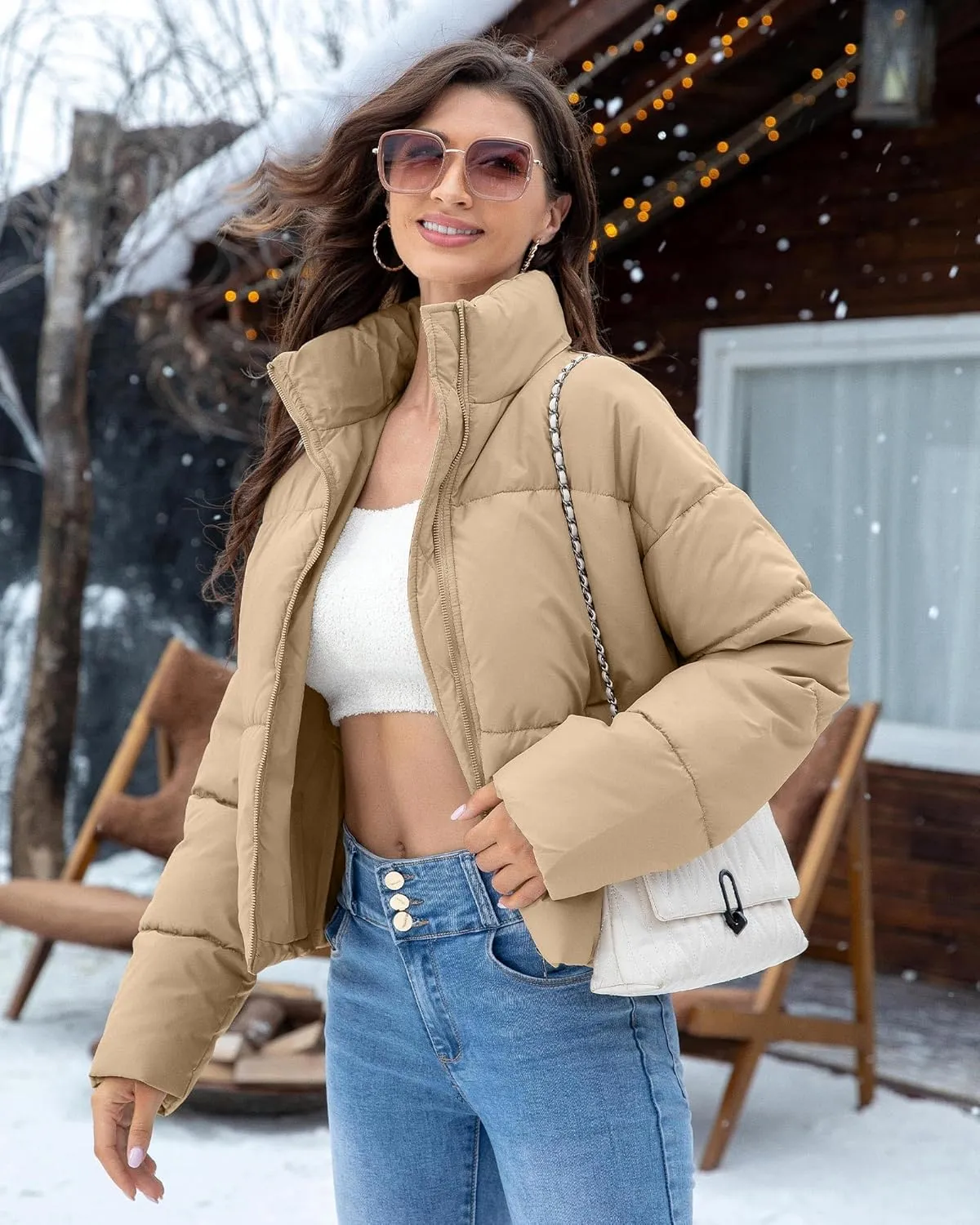 WHN Women' s Cropped Quilted Puffer Jacket Outerwear Coat Winter Warm Full Zipper Padded Jacket