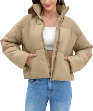 WHN Women' s Cropped Quilted Puffer Jacket Outerwear Coat Winter Warm Full Zipper Padded Jacket