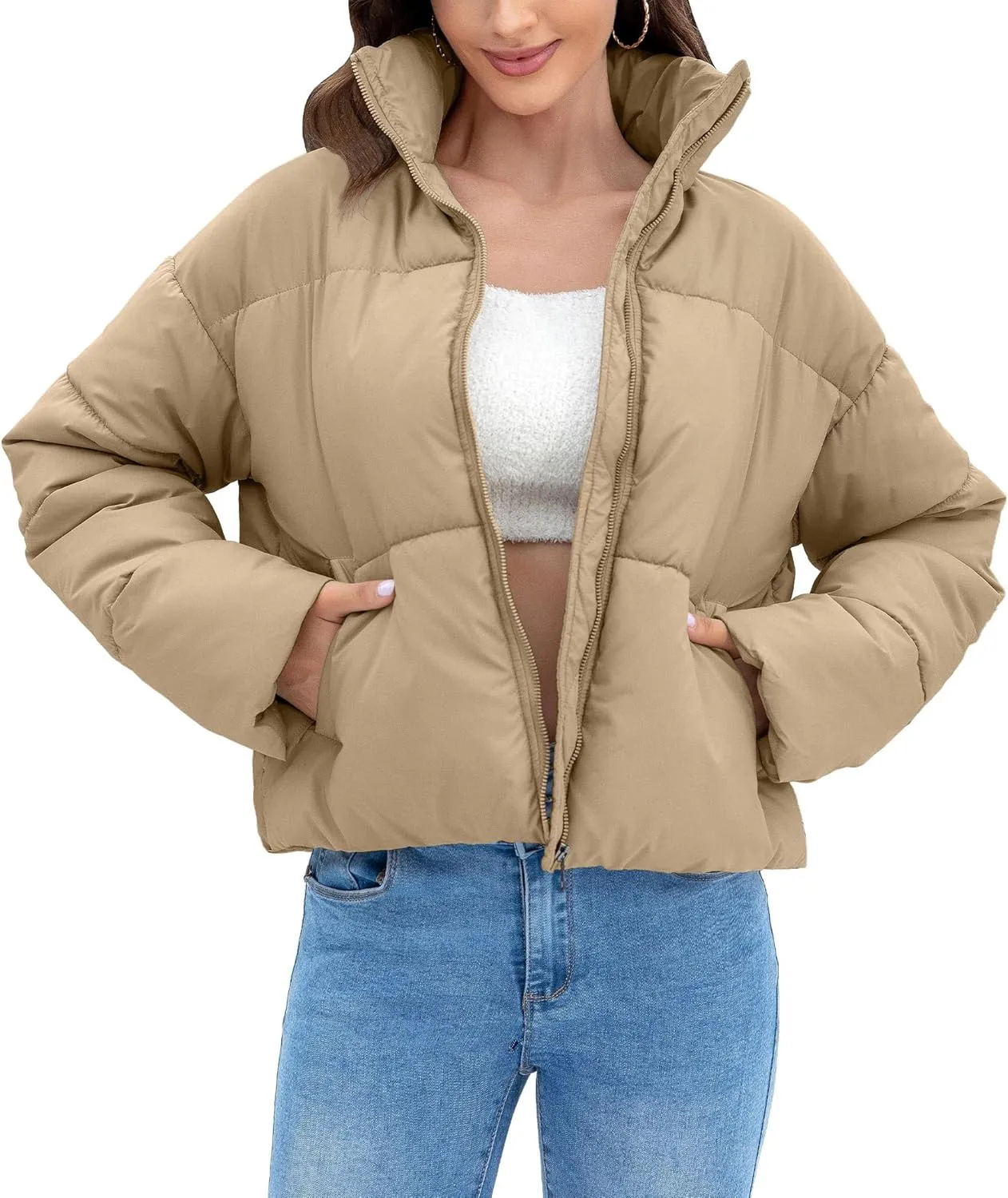 WHN Women' s Cropped Quilted Puffer Jacket Outerwear Coat Winter Warm Full Zipper Padded Jacket