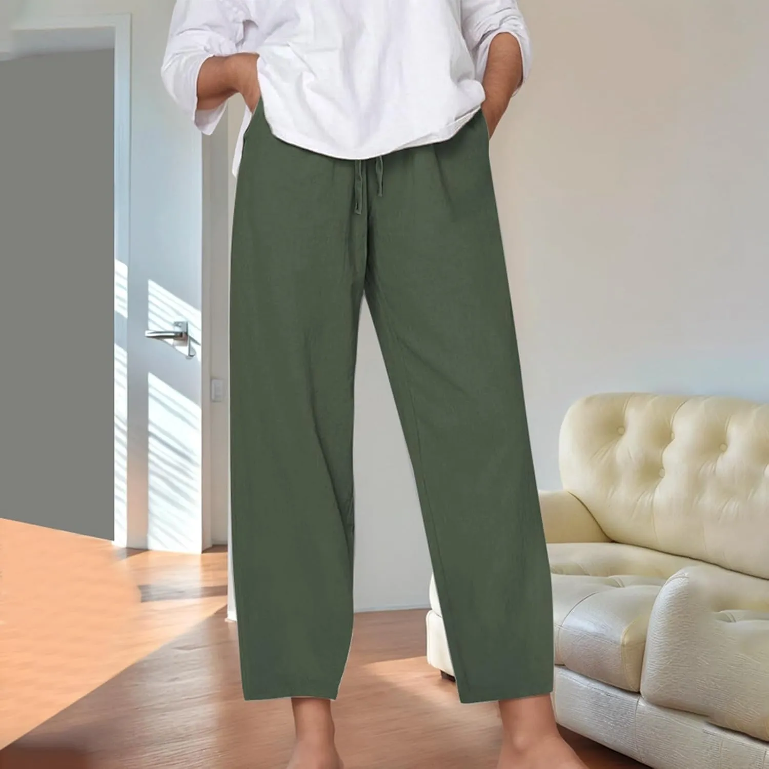 Wide Leg Cotton Linen Pants Women Summer Solid Lounge Trousers with Pockets Comfy Soft Loose Flowy Baggy Casual Pants