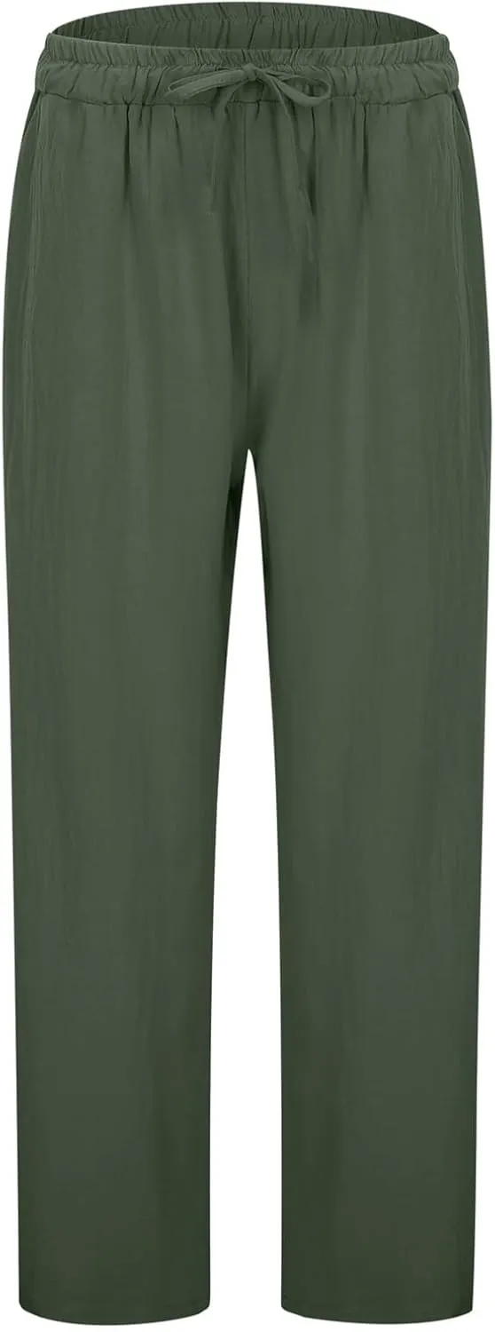 Wide Leg Cotton Linen Pants Women Summer Solid Lounge Trousers with Pockets Comfy Soft Loose Flowy Baggy Casual Pants