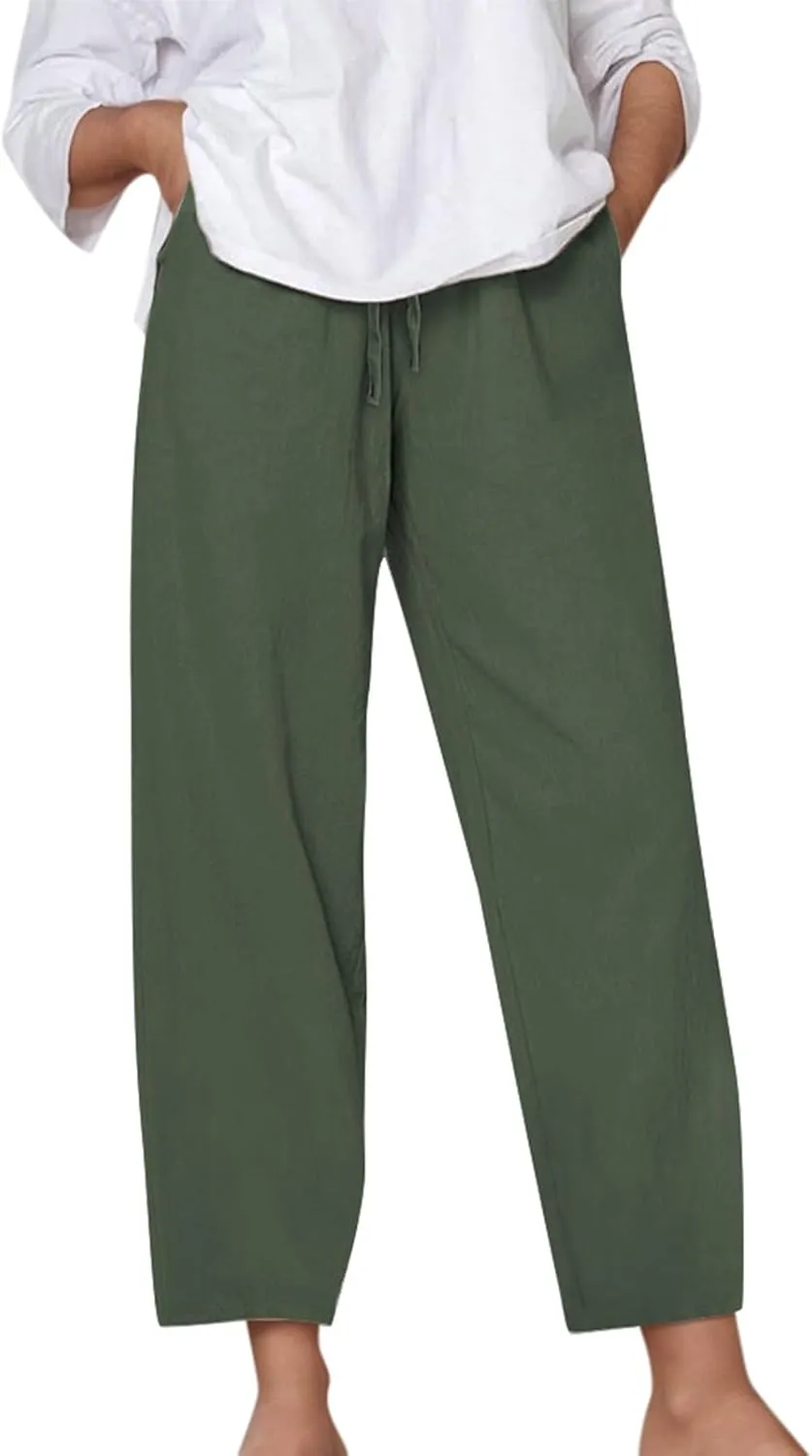 Wide Leg Cotton Linen Pants Women Summer Solid Lounge Trousers with Pockets Comfy Soft Loose Flowy Baggy Casual Pants