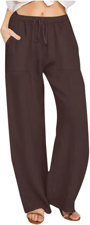 Wide Leg Linen Pants for Women 2025 Summer Drawstring Waist Loose Cotton Linen Palazzo Trousers Casual Lounge Pants