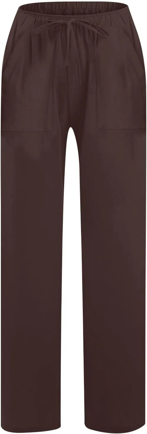 Wide Leg Linen Pants for Women 2025 Summer Drawstring Waist Loose Cotton Linen Palazzo Trousers Casual Lounge Pants