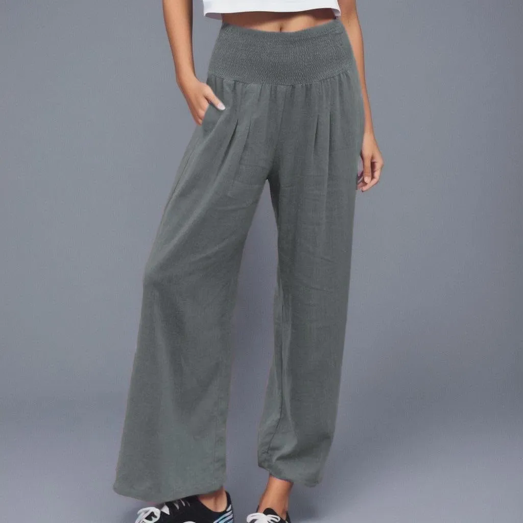 Wide Leg Linen Pants for Women Elastic High Waisted Palazzo Pants Casual Beach Trousers with Pockets Summer Pants