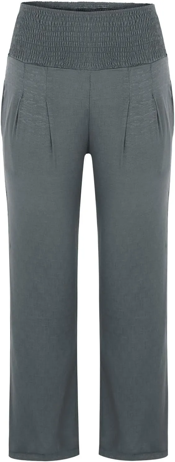 Wide Leg Linen Pants for Women Elastic High Waisted Palazzo Pants Casual Beach Trousers with Pockets Summer Pants