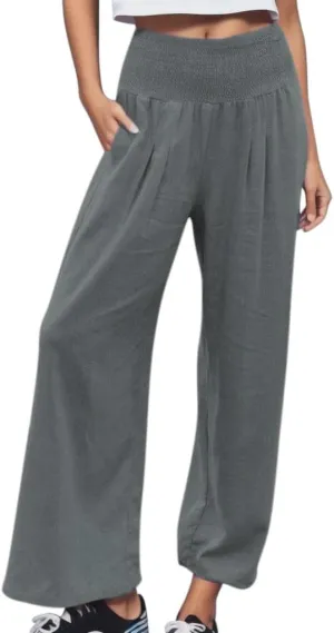 Wide Leg Linen Pants for Women Elastic High Waisted Palazzo Pants Casual Beach Trousers with Pockets Summer Pants