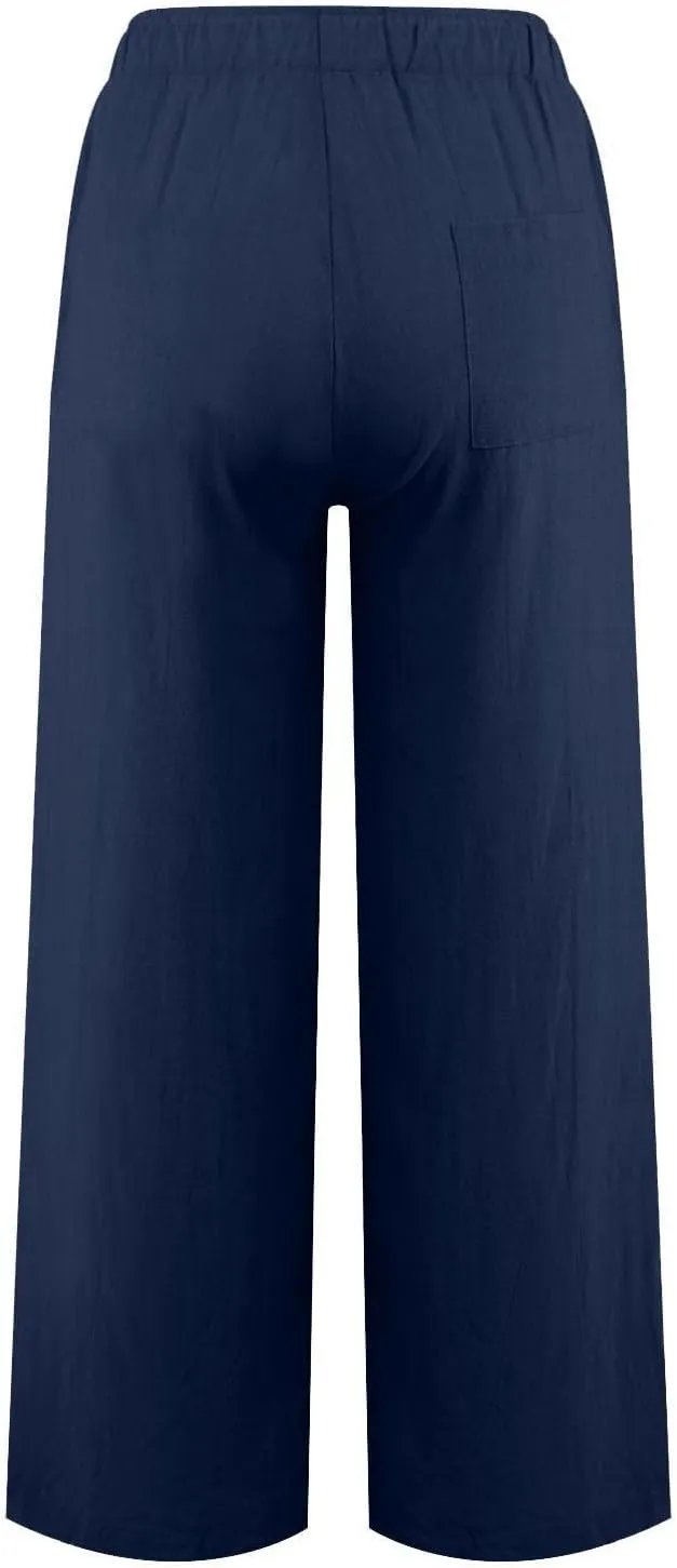 Wide Leg Linen Pants for Women Summer Boho High Waisted Palazzo Pants Lightweight Baggy Comfy Beach Pants with Pocket