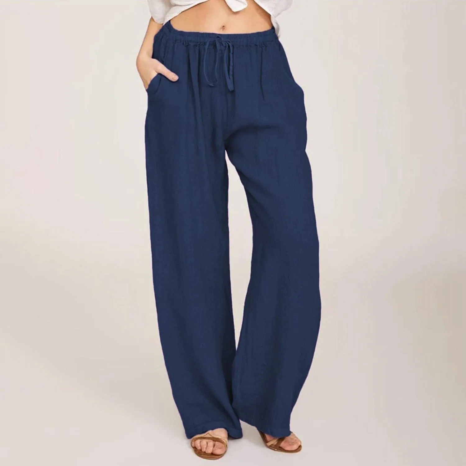 Wide Leg Linen Pants for Women Summer Boho High Waisted Palazzo Pants Lightweight Baggy Comfy Beach Pants with Pocket