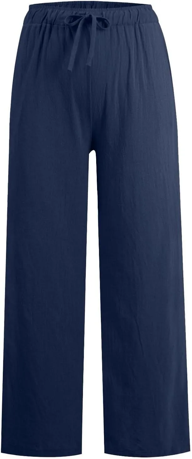 Wide Leg Linen Pants for Women Summer Boho High Waisted Palazzo Pants Lightweight Baggy Comfy Beach Pants with Pocket