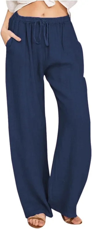 Wide Leg Linen Pants for Women Summer Boho High Waisted Palazzo Pants Lightweight Baggy Comfy Beach Pants with Pocket