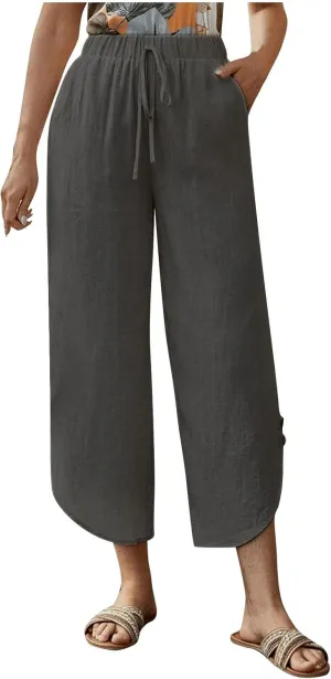 Wide Leg Linen Pants for Women Women'sFashionable and Casual Solid Color Cotton and Linen Loose Fit Casual Capri