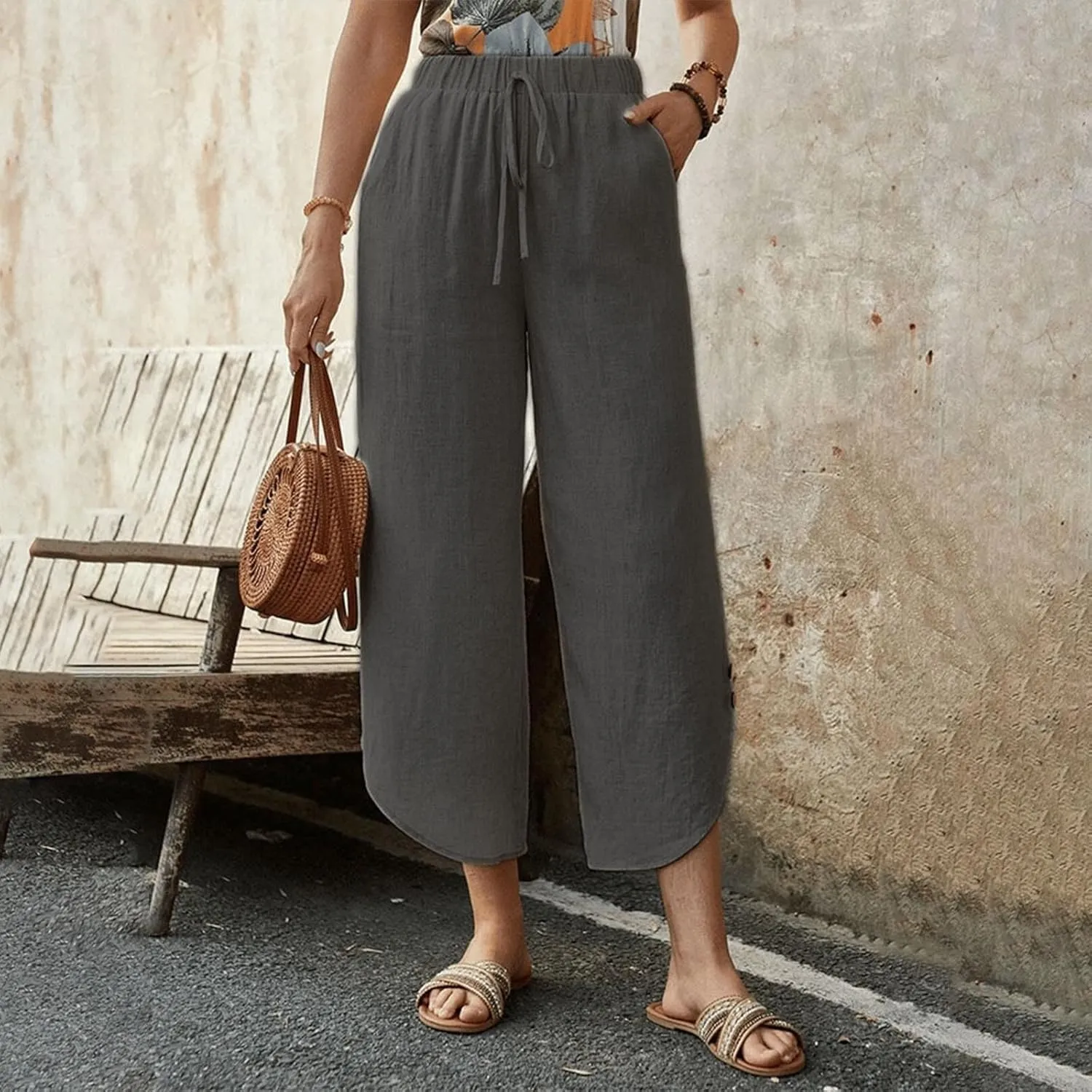 Wide Leg Linen Pants for Women Women'sFashionable and Casual Solid Color Cotton and Linen Loose Fit Casual Capri