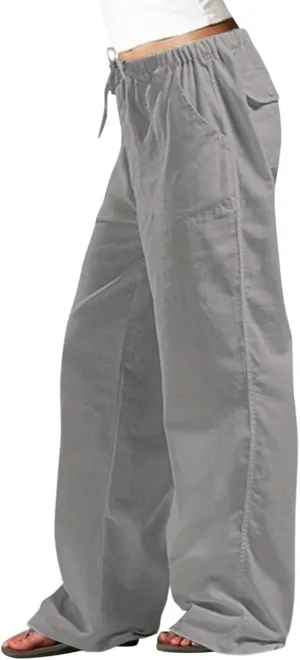 Wide Leg Pants for Women Plus Size Baggy Drawstring Long Cotton Linen Pants Summer Lounge Trousers with Pocket