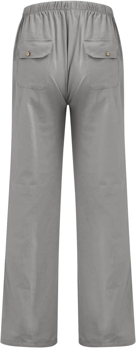 Wide Leg Pants for Women Plus Size Baggy Drawstring Long Cotton Linen Pants Summer Lounge Trousers with Pocket
