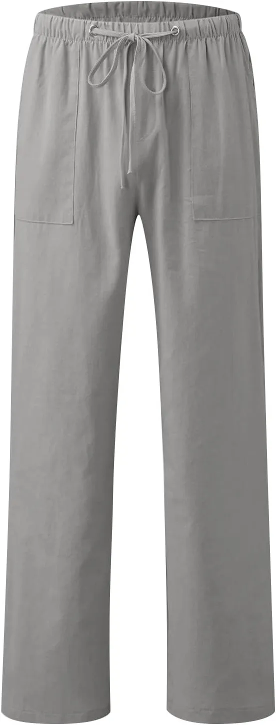 Wide Leg Pants for Women Plus Size Baggy Drawstring Long Cotton Linen Pants Summer Lounge Trousers with Pocket