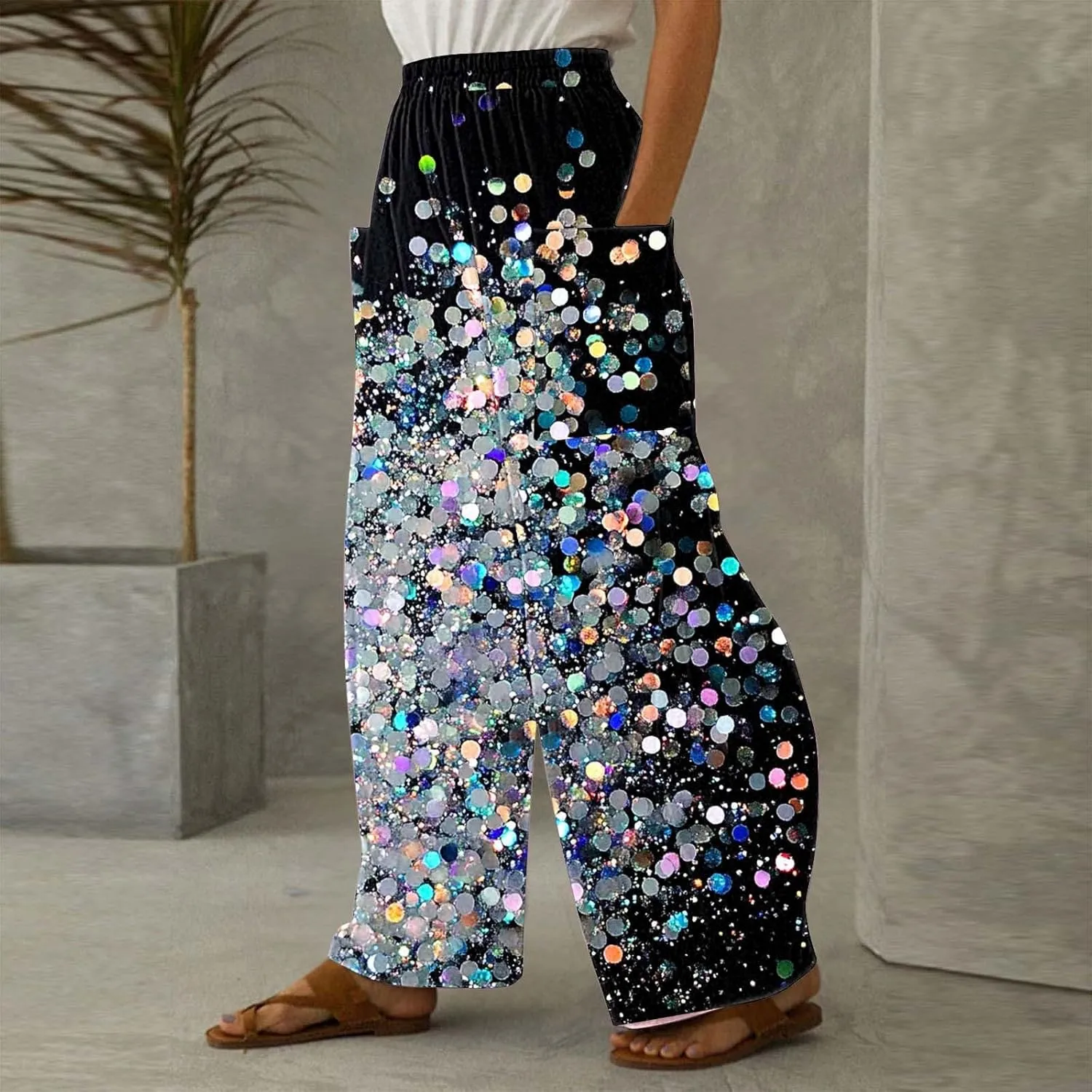 Wide Leg Pants for Women Vintage Sequin Glitter Print Straight Palazzo Dressy Casual High Waisted Lounge Trousers