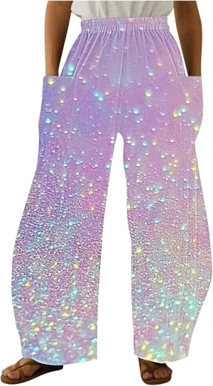 Wide Leg Pants for Women Vintage Sequin Glitter Print Straight Palazzo Dressy Casual High Waisted Lounge Trousers
