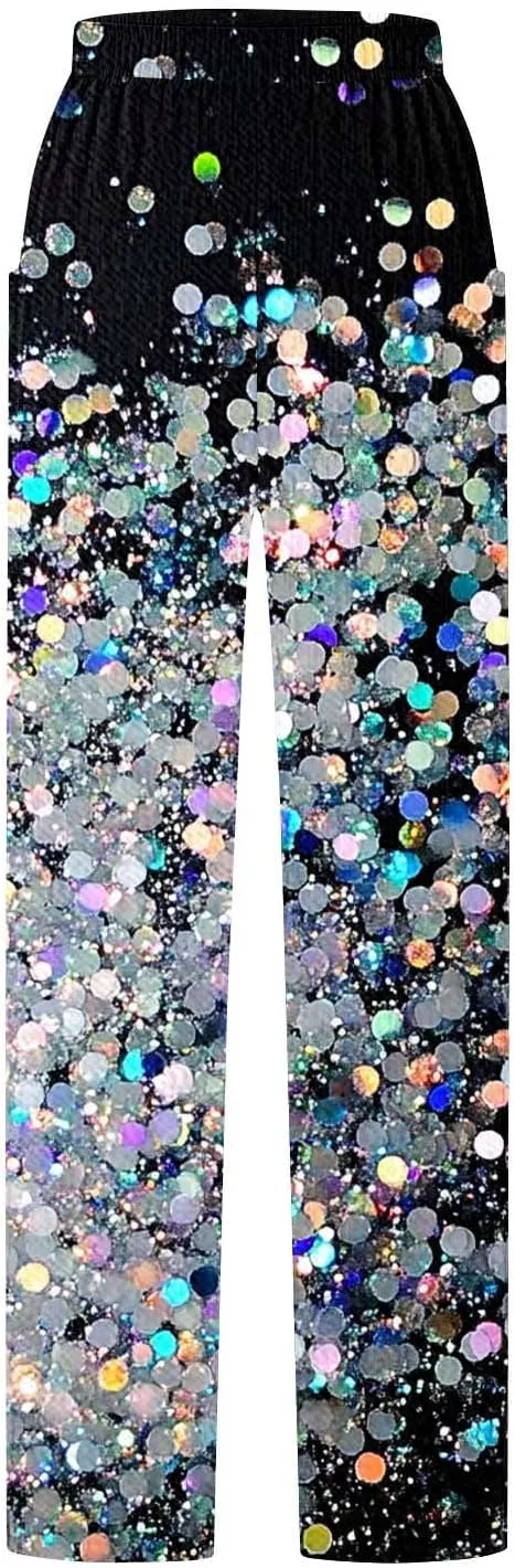 Wide Leg Pants for Women Vintage Sequin Glitter Print Straight Palazzo Dressy Casual High Waisted Lounge Trousers