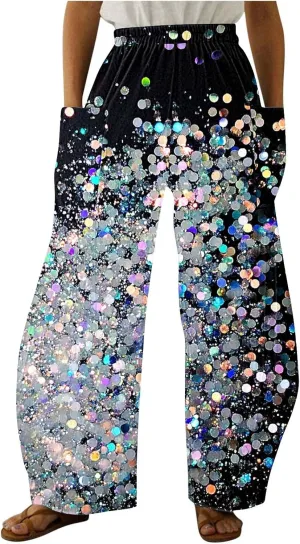 Wide Leg Pants for Women Vintage Sequin Glitter Print Straight Palazzo Dressy Casual High Waisted Lounge Trousers
