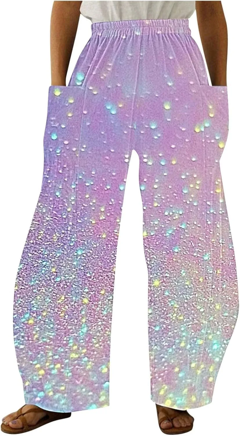 Wide Leg Pants for Women Vintage Sequin Glitter Print Straight Palazzo Dressy Casual High Waisted Lounge Trousers