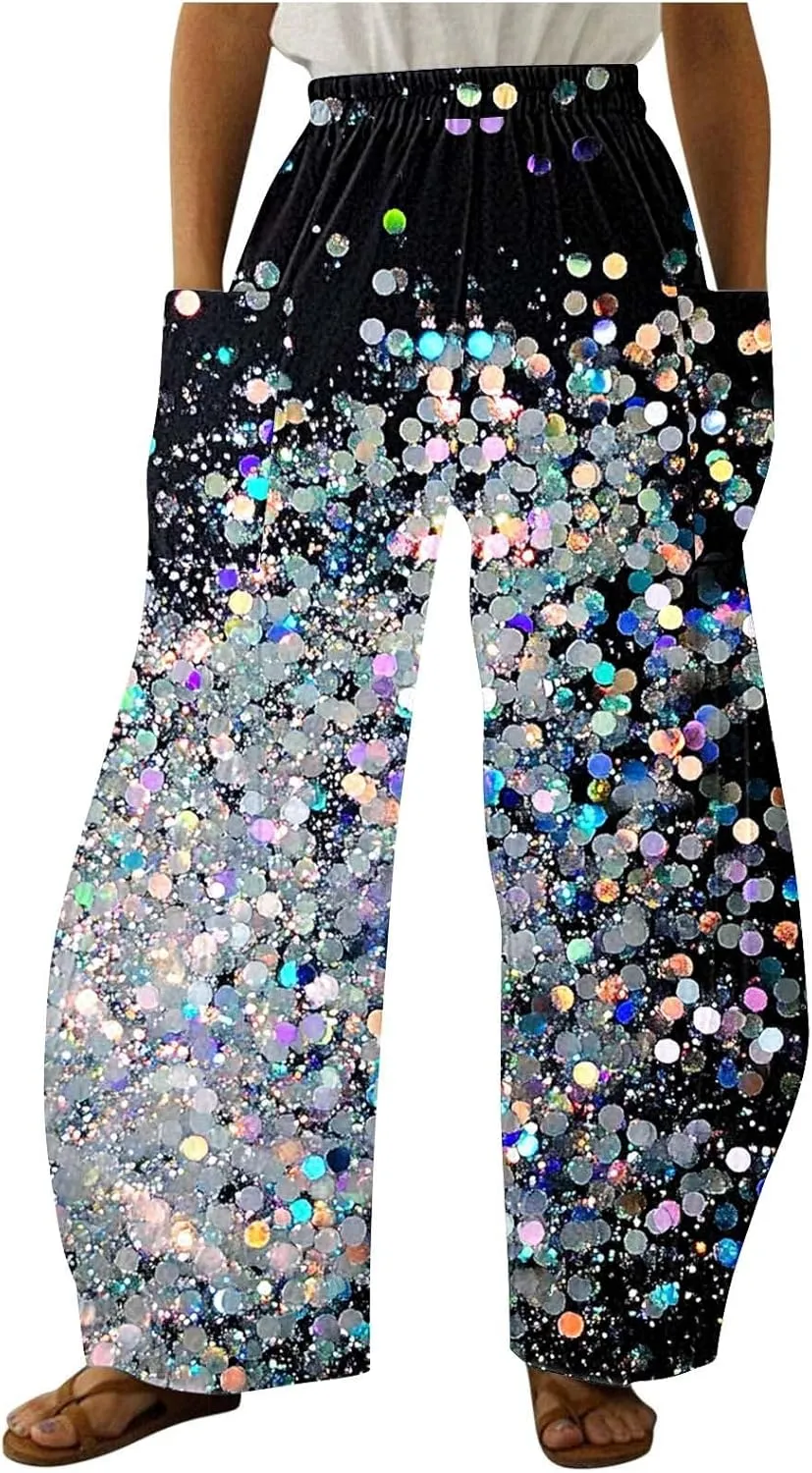 Wide Leg Pants for Women Vintage Sequin Glitter Print Straight Palazzo Dressy Casual High Waisted Lounge Trousers