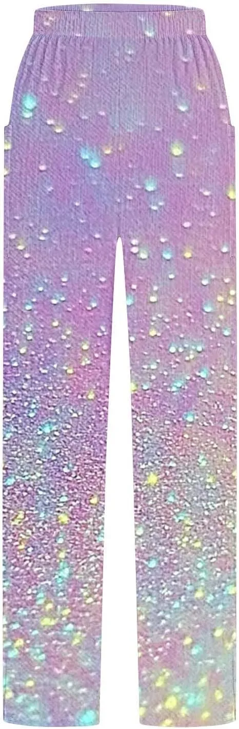 Wide Leg Pants for Women Vintage Sequin Glitter Print Straight Palazzo Dressy Casual High Waisted Lounge Trousers
