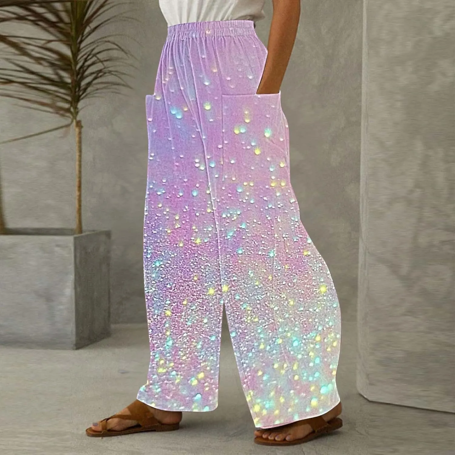 Wide Leg Pants for Women Vintage Sequin Glitter Print Straight Palazzo Dressy Casual High Waisted Lounge Trousers