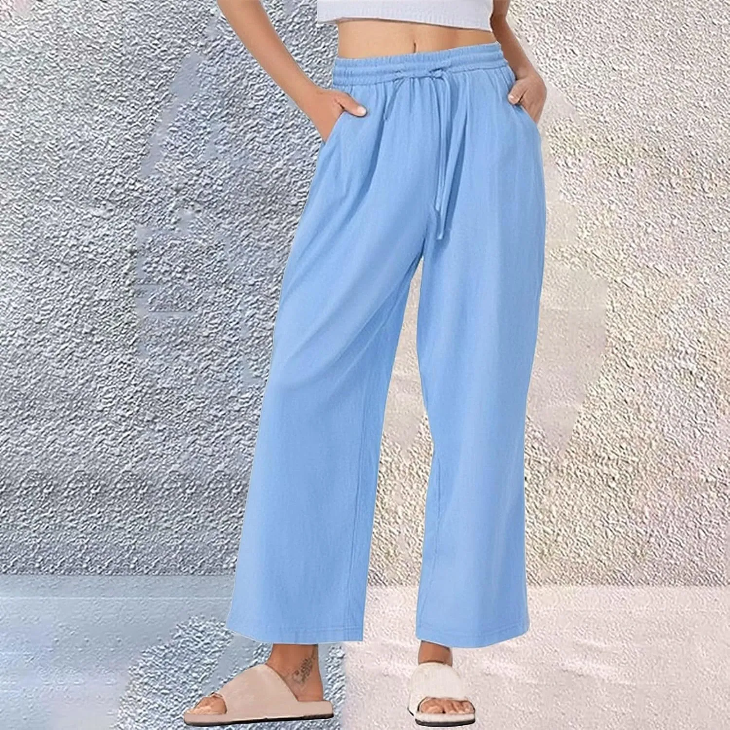 Wide Leg Pants Women Linen Casual Beach Summer Lounge Pants Travel Work Trousers with Pockets for Walking