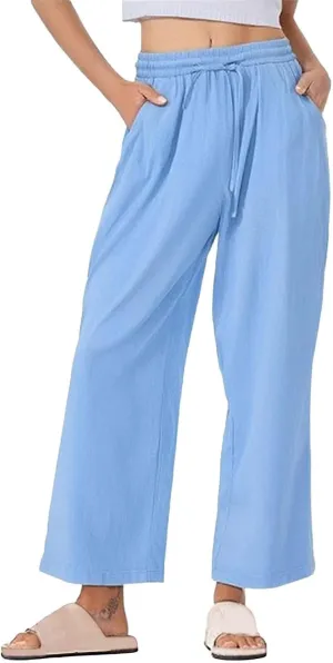 Wide Leg Pants Women Linen Casual Beach Summer Lounge Pants Travel Work Trousers with Pockets for Walking