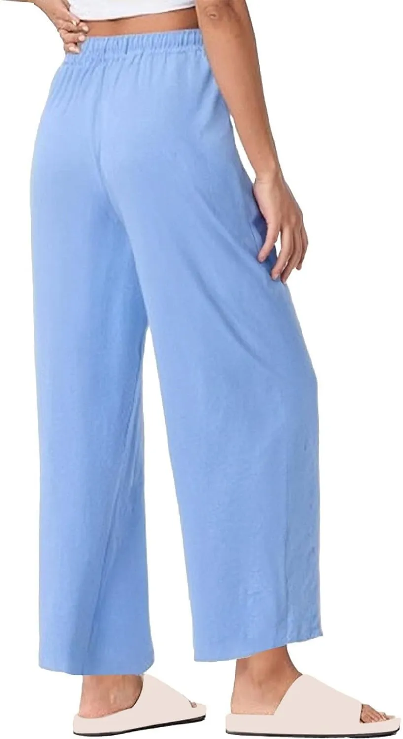 Wide Leg Pants Women Linen Casual Beach Summer Lounge Pants Travel Work Trousers with Pockets for Walking